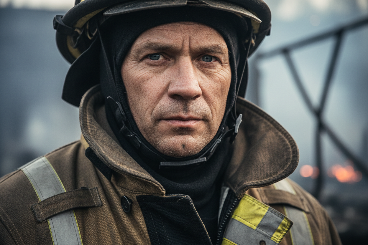 middle aged fire fighter close up